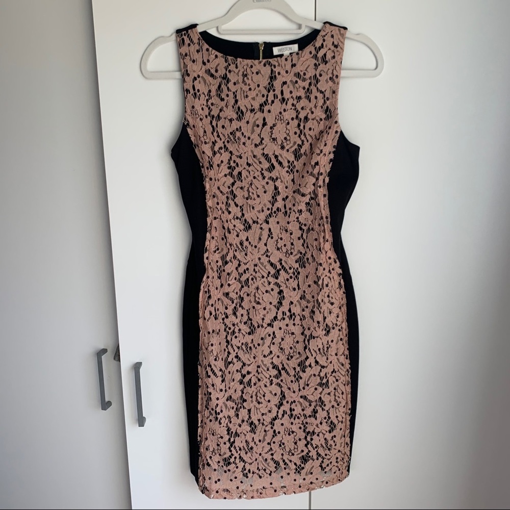 Weston Pink Black Lace Crewneck Bodycon Dress XS